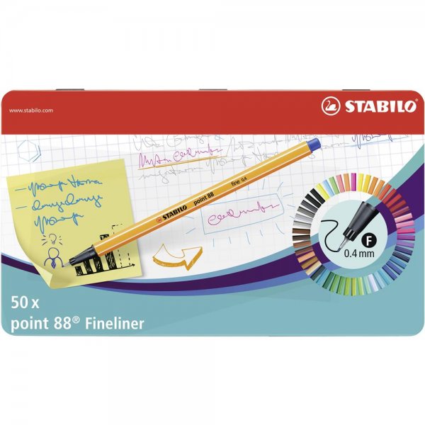 Fineliner - STABILO point 88 - 50er Metalletui - mit 47 verschiedenen Farben - 2x blau, rot, schwarz
