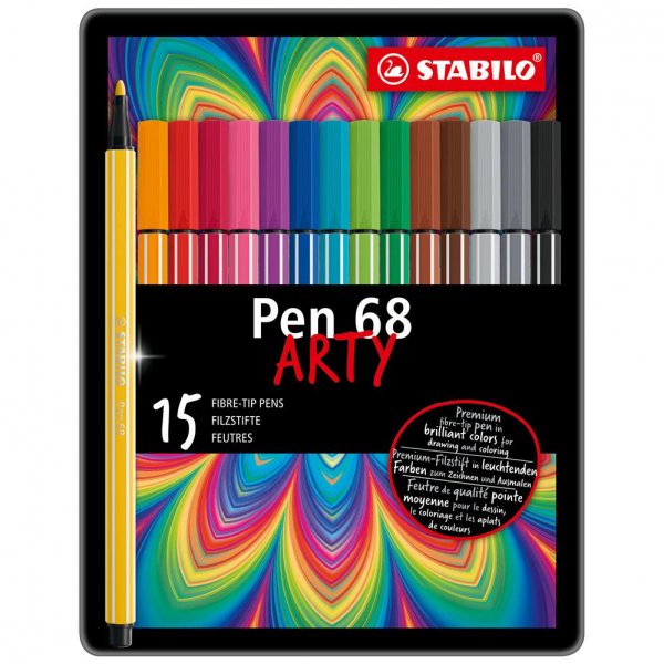 Premium-Filzstift - STABILO Pen 68 - ARTY - 15er Metalletui - mit 15 verschiedenen Farben