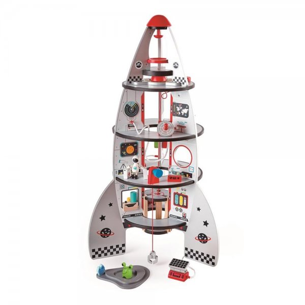 Hape Vierstufen Rakete mit Landekapsel mehrfarbig Holz 20 teilig Kinder Spielzeug Raumfahrt