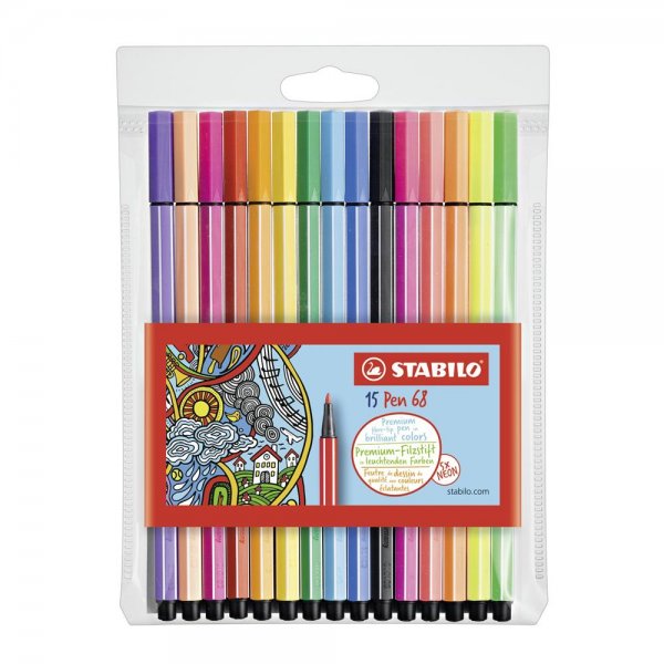 Premium-Filzstift - STABILO Pen 68 - 15er Pack - mit 15 verschiedenen Farben inklusive 5 Neonfarben