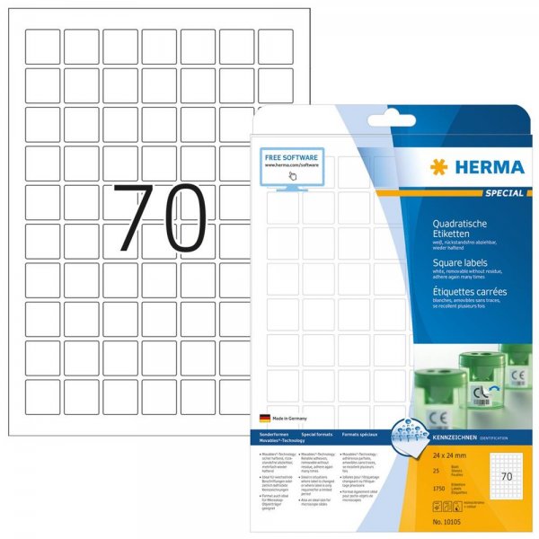 HERMA 10105 Universal Etiketten DIN A4 ablösbar 24 x 24 mm 25 Blatt quadratisch weiß