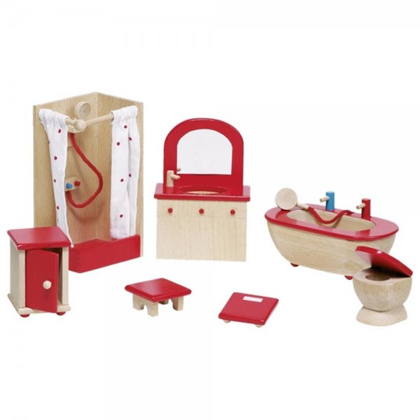 Goki Puppenmöbel Badezimmer Set 7 teilig Holz Waschbecken Toilette Dusche für Puppenhaus