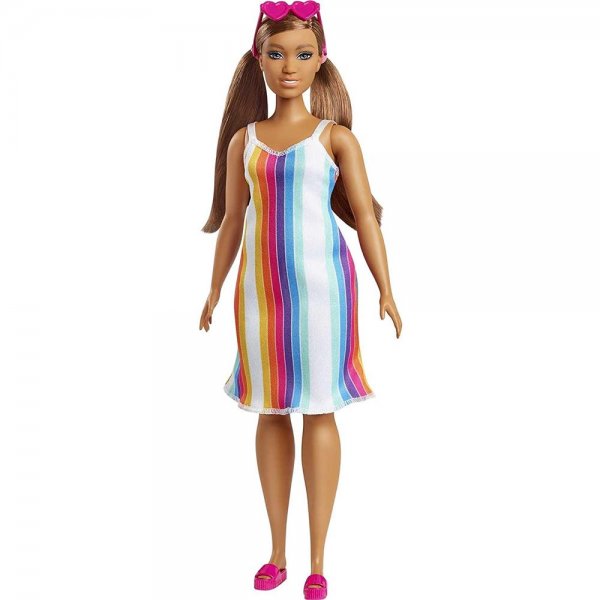 Mattel Barbie Loves the Ocean Puppe 30 cm Brünett im Regenbogenkleid Modepuppe Spielpuppe