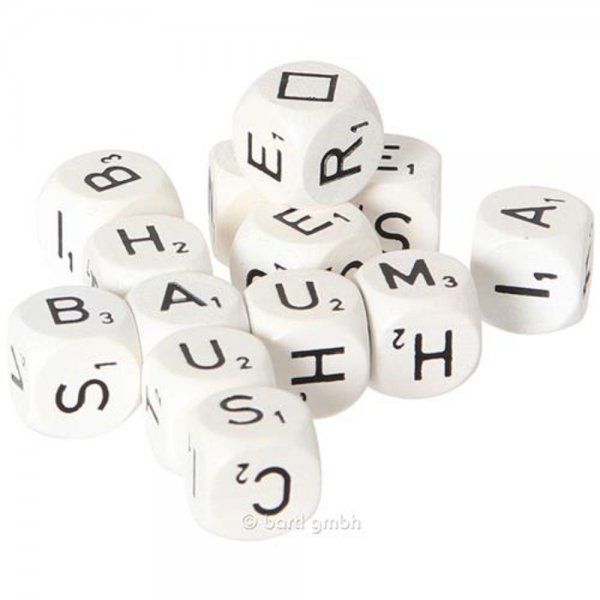 Buchstabenwürfel, 13 Stück in Metalldose. Aus Holz zum Wörter legen und Rätzeln