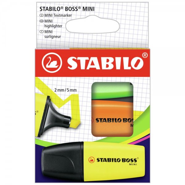 Textmarker - STABILO BOSS MINI - 3er Pack - gelb, orange, grün