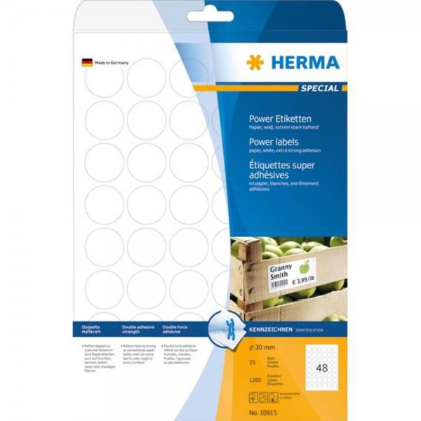 HERMA 10915 Etiketten A4 30mm rund extrem stark haftend 1200 Stück matt weiß
