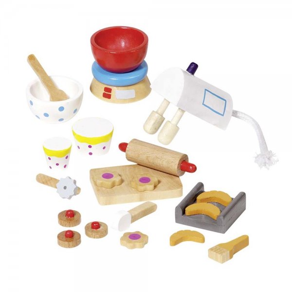 Goki Accessoires Backen Set 22 teilig Holz Mixer Schüssel Kekse für Puppenhaus