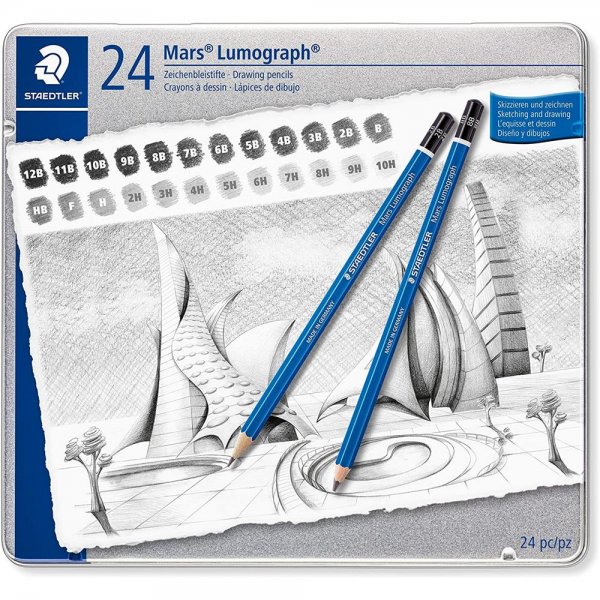 Staedtler Bleistift Set Mars Lumograph 100 mit 24 Härtegrade im Metalletui Zeichenbleistift