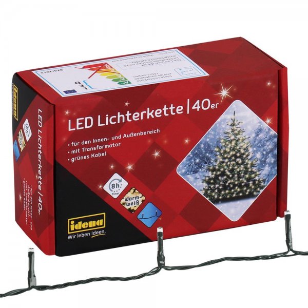 Idena 40er LED Lichterkette warmweiß für Innen- und Außenbereich mit 8h-Timer grünes Kabel Weihnachtsbeleuchtung