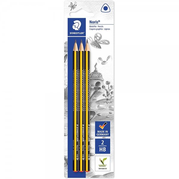 Staedtler Bleistift Noris (hohe Bruchfestigkeit, ergonomische Dreikantform, rutschfeste Soft-Oberfläche, Wopex-Material, Härtegrad HB, Köcherpackung, 183-HBBK3)