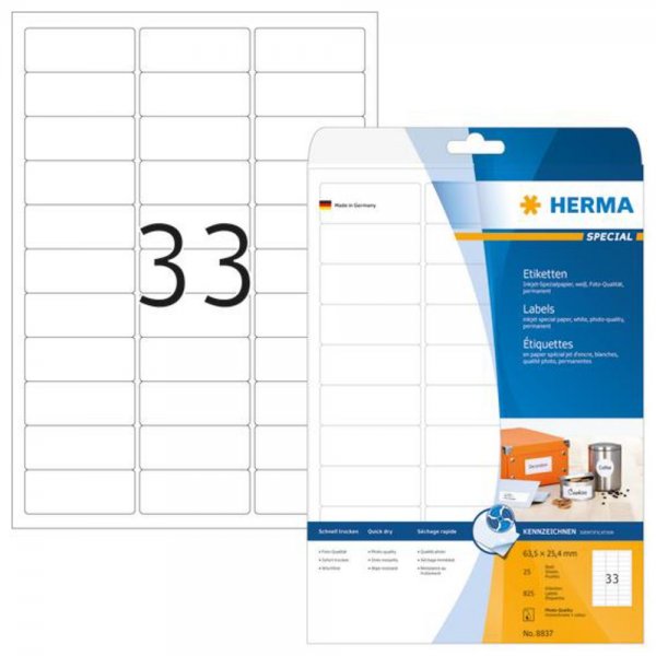 HERMA 8837 Inkjet Etiketten A4 63,5x25,4mm 825 Stück selbstklebend Papier weiß