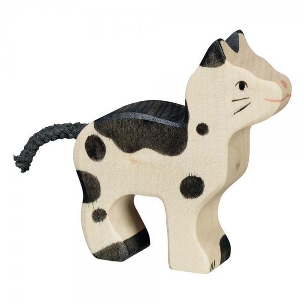 Goki Katze, klein, schwarz und weiß Holzfigur bemalt neu OVP