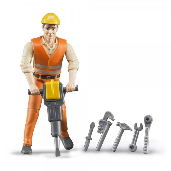 Bruder bworld 60020 Bauarbeiter mit Zubehör Presslufthammer Werkzeug Spielfigur