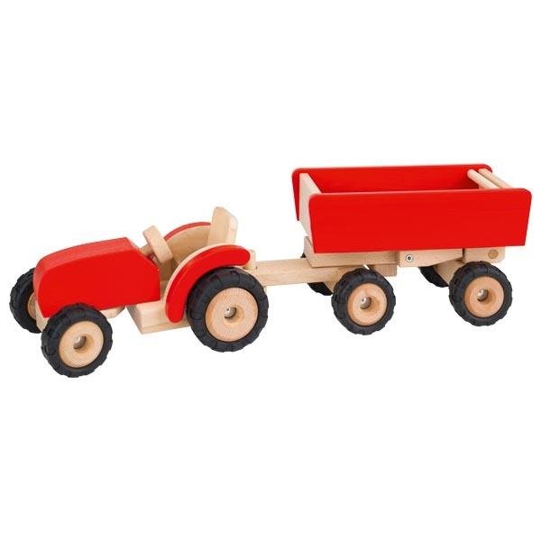 Goki Traktor rot mit Anhänger Holzspielzeug Kleinkindspielzeug Fahrzeug Landwirtschaft