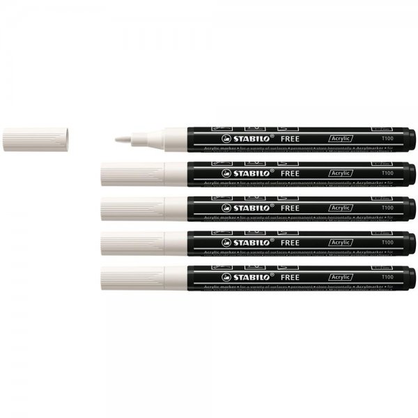 Acrylmarker - STABILO FREE Acrylic - T100 Rundspitze 1-2mm - 5er Pack - weiß