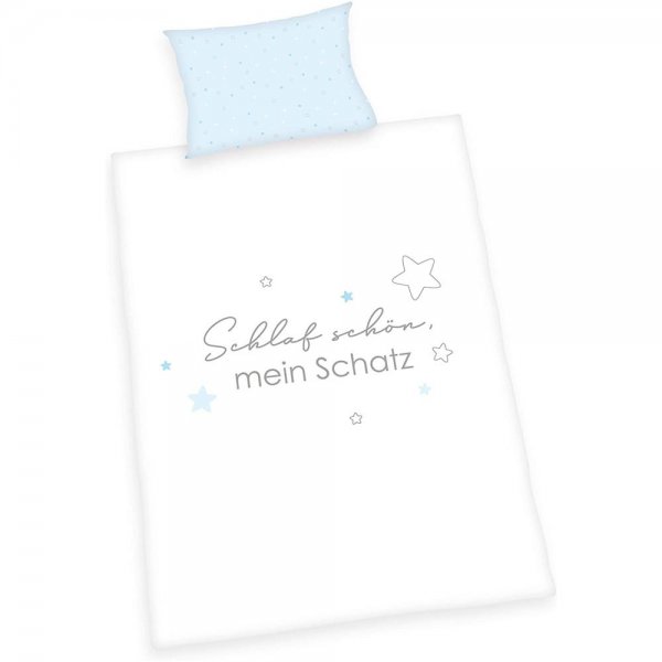 Herding Kleiner Schatz BIO-Babybettwäsche 40x60+100x135 cm Baumwolle Bettbezug Kissenbezug weiß/blau