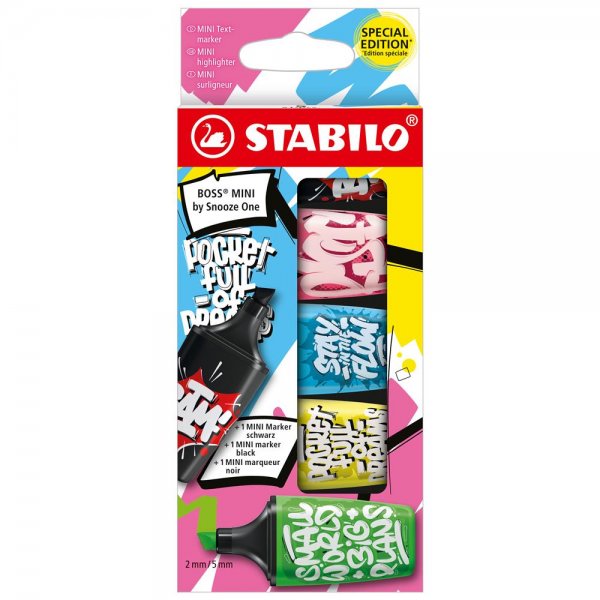 Textmarker & Marker - STABILO BOSS MINI by Snooze One - 5er Pack - pink, blau, gelb, grün & schwarz