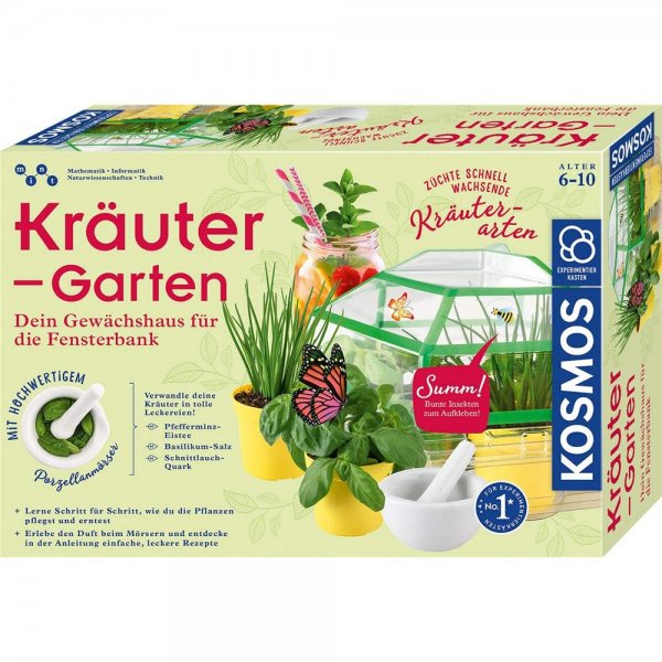 KOSMOS 632090 - Kräuter-Garten Züchte duftende Kräuter auf der Fensterbank Mit Gewächshaus und Mörser aus Porzellan