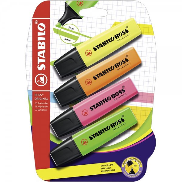 Textmarker - STABILO BOSS ORIGINAL - 4er Pack - grün, pink, orange, gelb