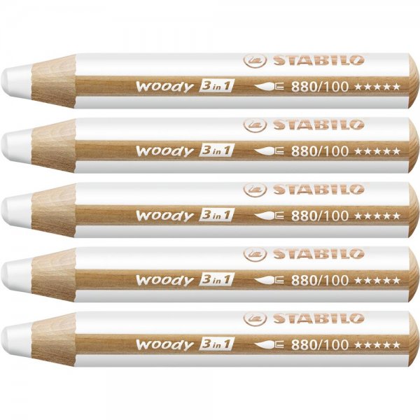 Buntstift, Wasserfarbe & Wachsmalkreide - STABILO woody 3 in 1 - 5er Pack - weiß