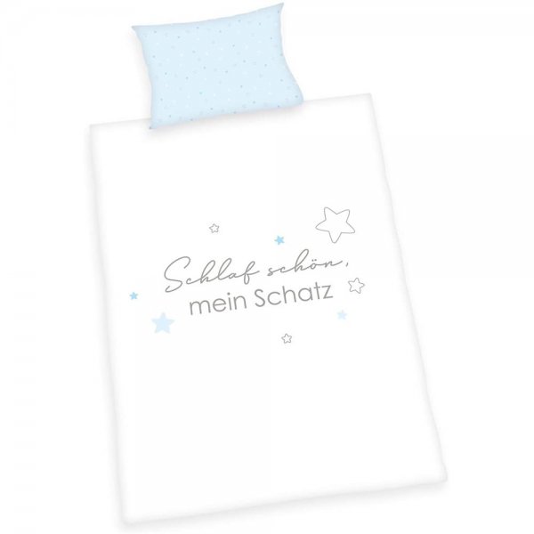 Herding Kleiner Schatz BIO-Babybettwäsche 40x60+100x135 cm Baumwolle weiß/blau Bettbezug Kissenbezug