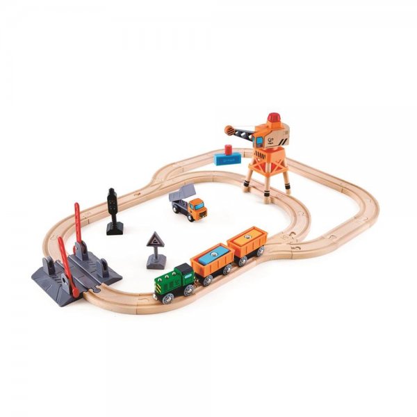 Hape Bahnübergang Kran Set Eisenbahnwelt 34 teilig Holzeisenbahn Schienen Spielzeug mehrfarbig