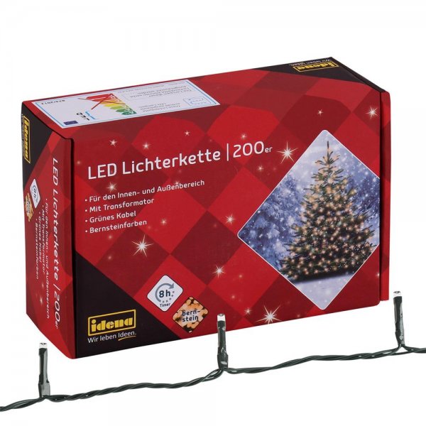 Idena 200er LED-Lichterkette bernsteinfarben für innen & außen mit Timer