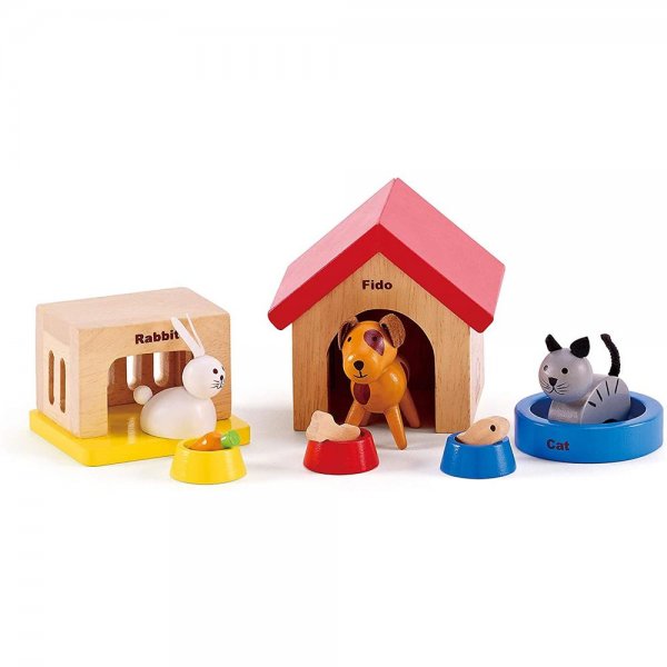 Hape E3455 Haustiere Hund Katze Hase Holzspielzeug Puppenhaus Zubehör ab 3 Jahre