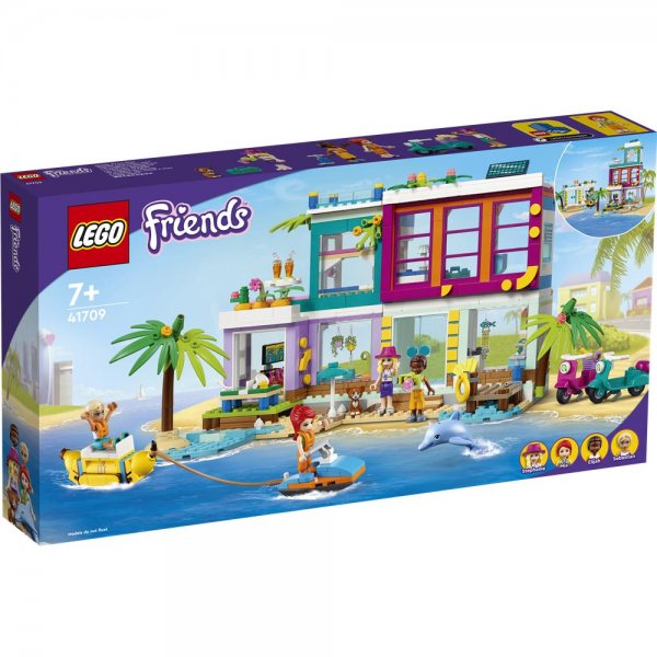 LEGO® Friends 41709 - Ferienhaus am Strand Puppenhaus mit Mini-Puppe Mia Zubehör und einem Schwimmbad