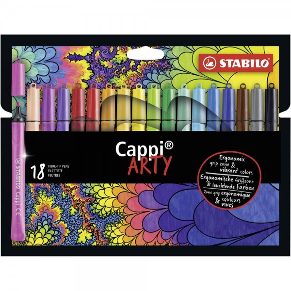 Filzstift mit Kappenring - STABILO Cappi - ARTY - 18er Pack - mit 18 verschiedenen Farben
