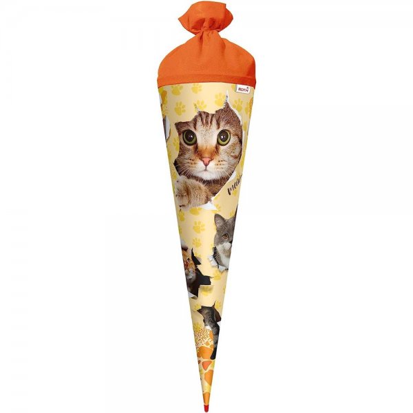 Roth Schultüte Katzenparty 70cm rund mit Filzverschluss Orange Zuckertüte für Schulanfang