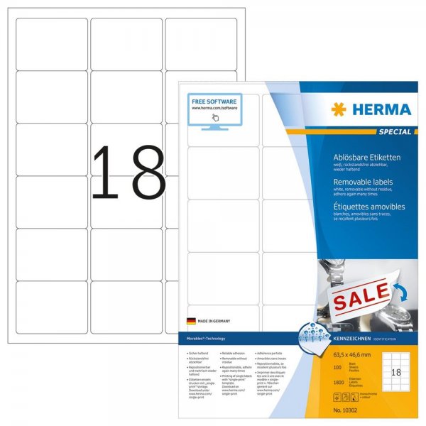 HERMA 10302 Universal Etiketten DIN A4 ablösbar 63,5 x 46,6 mm 100 Blatt weiß
