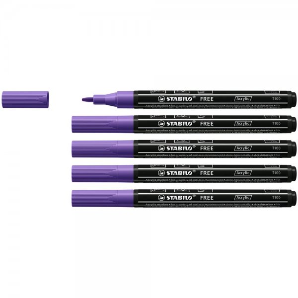 Acrylmarker - STABILO FREE Acrylic - T100 Rundspitze 1-2mm - 5er Pack - violett