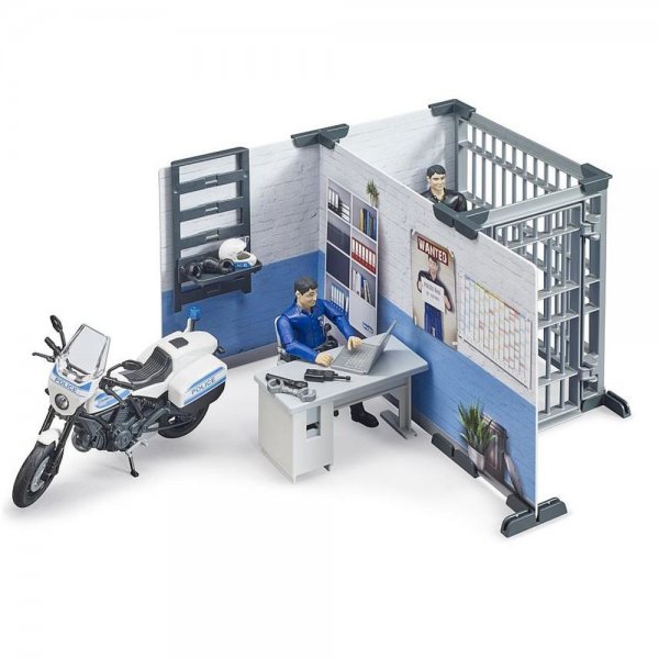 Bruder bworld Set Polizeistation mit Polizeimotorrad 1:16 Spielset Spielfigur Polizist Gefängiszelle