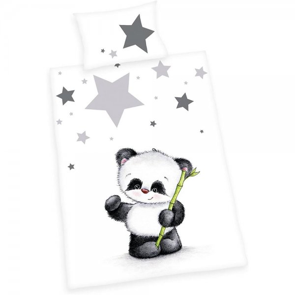 Herding Panda Babybettwäsche 40x60+100x135 cm Baumwolle Flanell Bettbezug Kissenbezug grau Sterne
